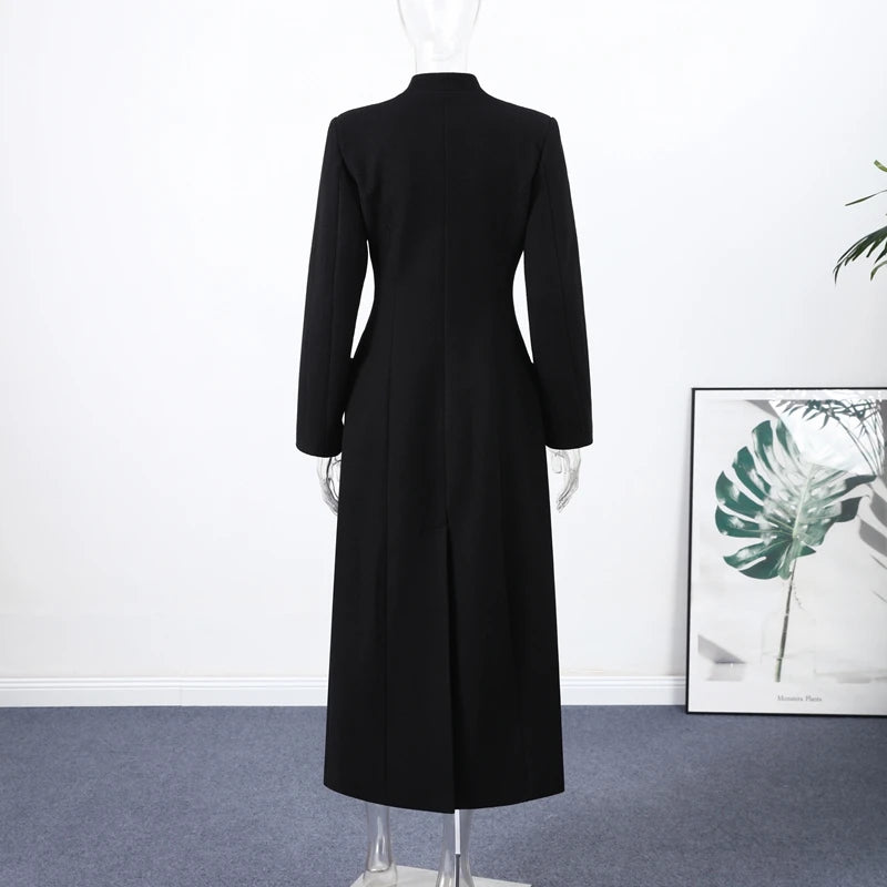 Elegant Long Coat Women V-neck Solid Slim Single-breasted Waist-closed Jackets Lady 2026 Spring Chic Female Streetwear
