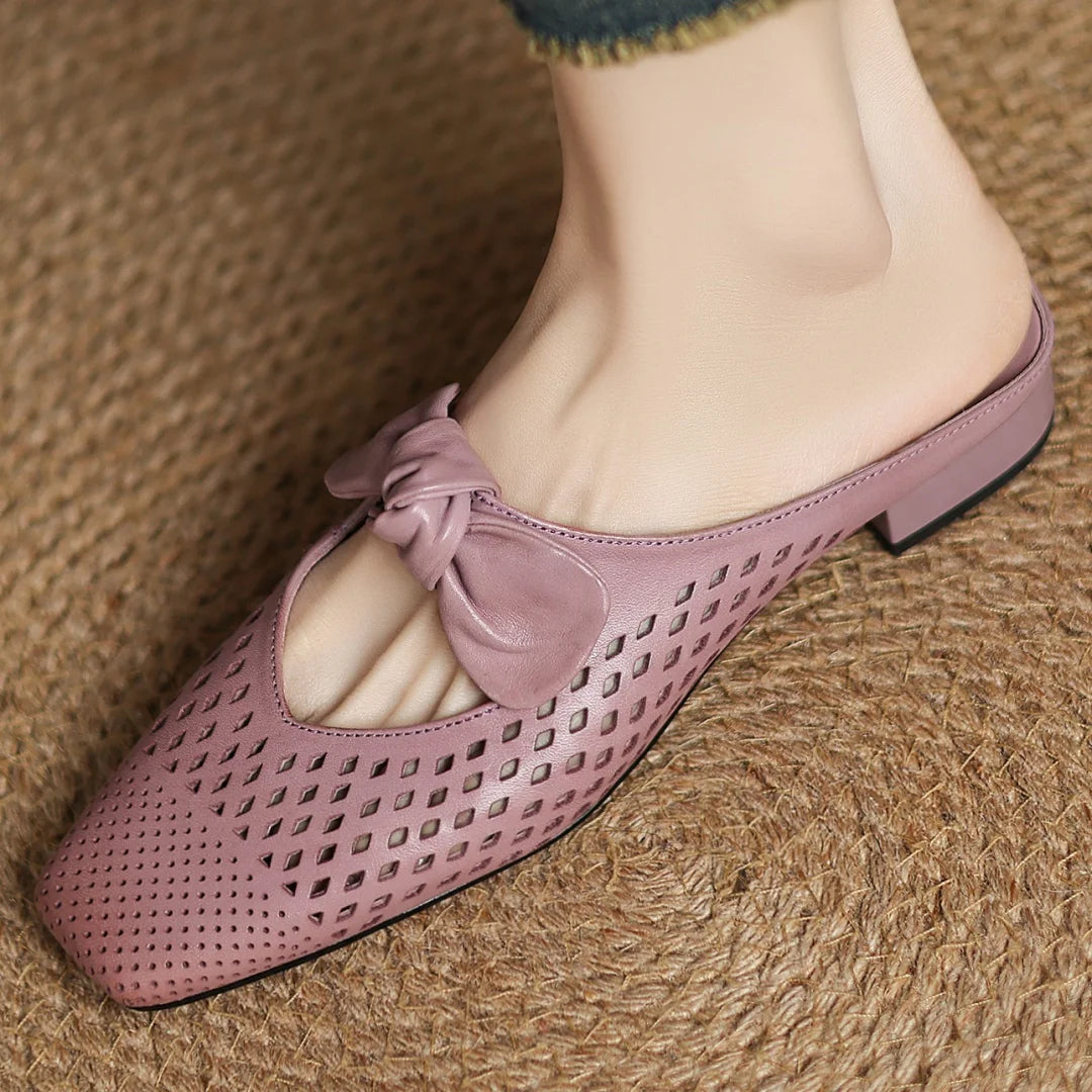 2025 Summer new plus size 34-41 women's hollow-out cow leather slip-on flats summer slides sandals sweet bowtie elegant mules
