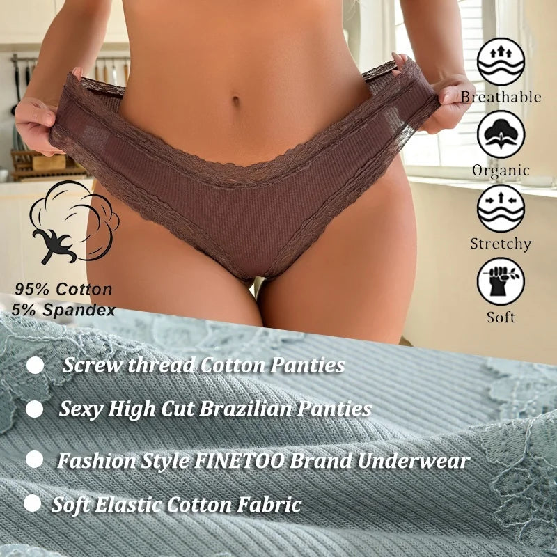 6PCS/Set Sexy Lace Cotton Panties Women Brazilian Panties Ladies Sexy Low Waist Elastic T-Back Bikini Solid Soft Lingerie S-XL