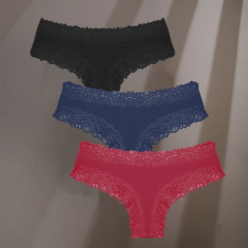 3Pcs/Set Sexy Lace Briefs Cotton Panties Women's Fashion 7 Solid Color Comfortable Briefs Low Waist Underpants Stretch Underwear