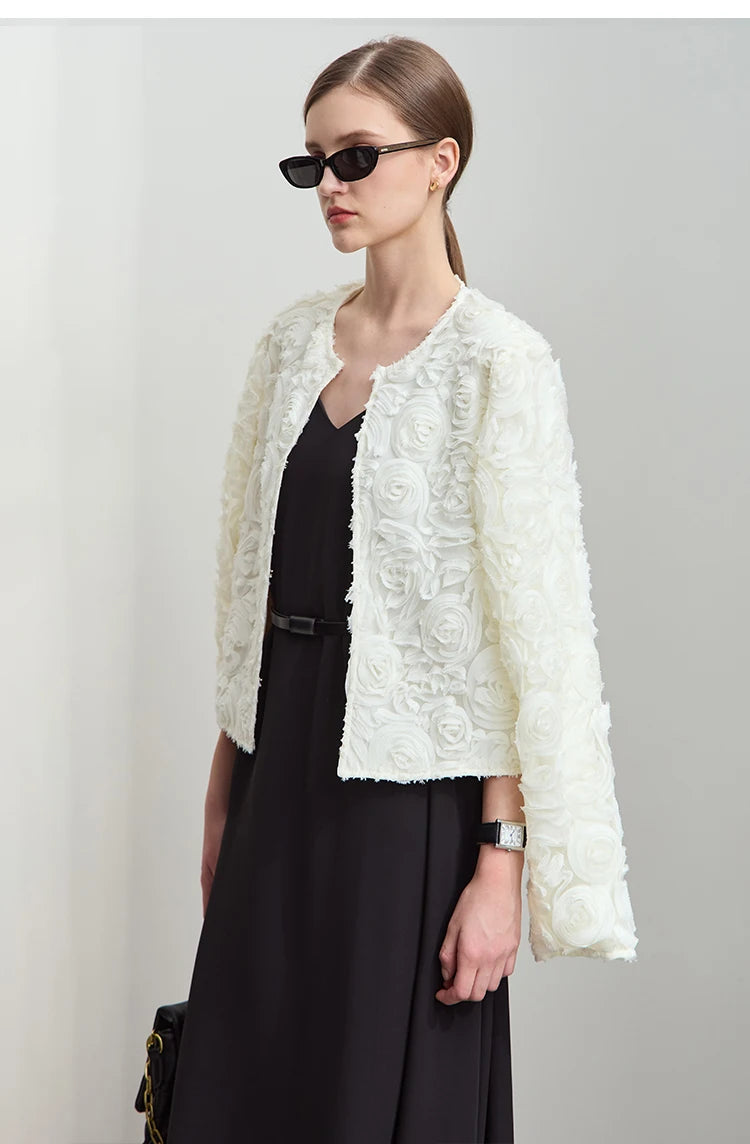 AMII Minimalism Short Jacket Women 2025 Autumn Elegant Floral O Neck Coat