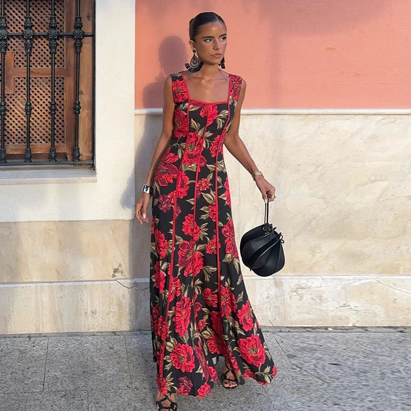 Sexy Printed Flower Long Women's Dress Sleeveless Waist-Closed Slash Neck Lady Dresses Summer Sling Vacation Holiday Robe