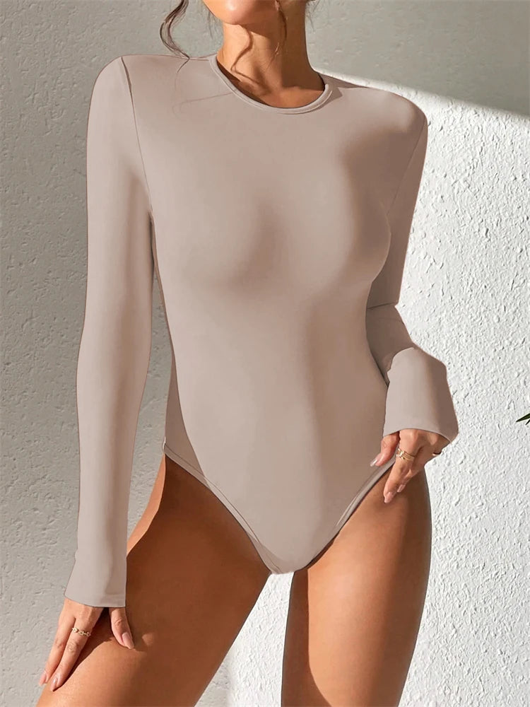 Women Basic Long Sleeve Round Neck Blouse Bodysuit Autumn Winter Casual Solid Color Slim Fit Bodycon Jumpsuit Streetwear