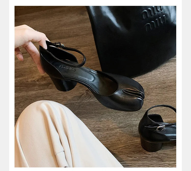 Brand Designer Tabi ninja high heels shoes woman ankle strap silver crack leather pumps split toe D'orsay mary janes shoes woman