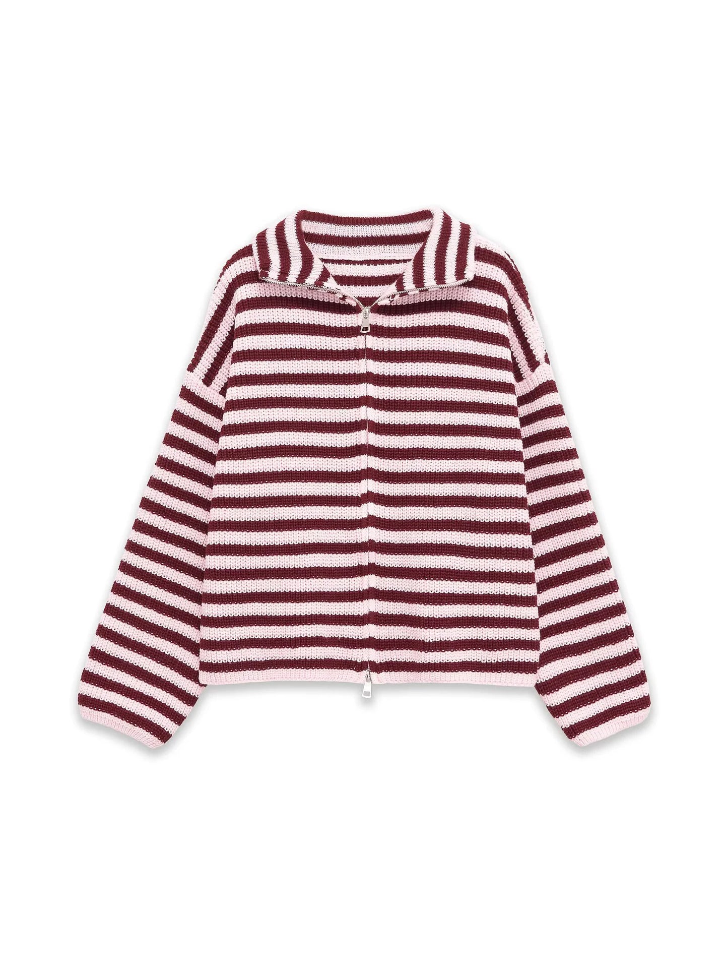 Spring New Arrivals Women's Loose and Lazy Style Sweater Cardigan Flared Lapel Long Sleeve Double Chain Stripe Knit Coat