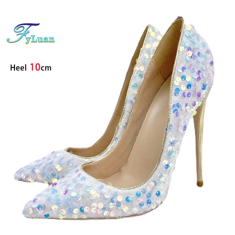 Women Wedding High Heels Fashion Pointed Toe 8CM 10CM 12CM Blingbling Party Dress Shoes Plus Size 45 Glitter Sequis Woman Pumps
