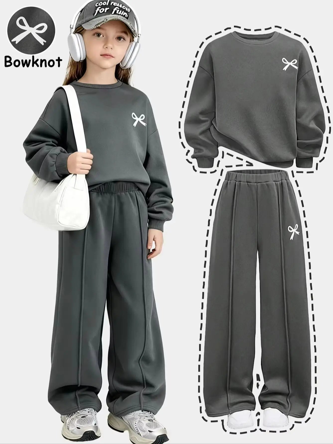 Girls' casual two-piece set: grey bow-accented sweatshirt and high-waisted long pants; a versatile, fresh-style outfit perfect f