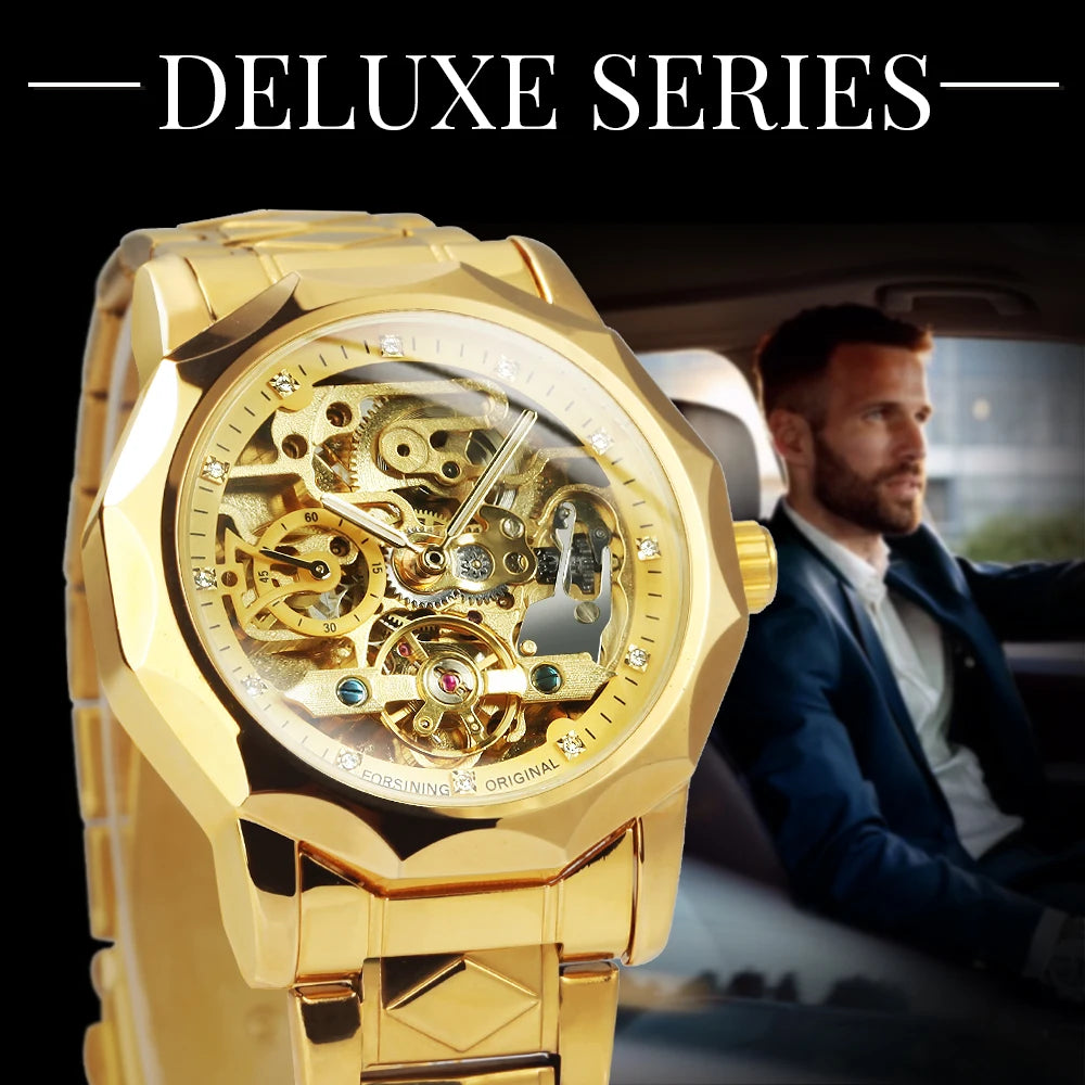 Forsining Fashion Tourbillon Skeleton Automatic Mechanical Watch for Men Luminous Hands Iced Out Watches Stainless Steel Strap