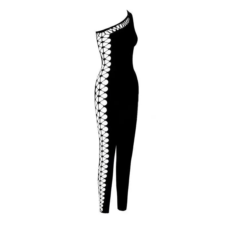 Sexy Streetwear Slanted Shoulder Hollow Sleeveless Jumpsuit Hot Girls Tight Fitting Slimming Bottom Jumpsuit Punk Personality