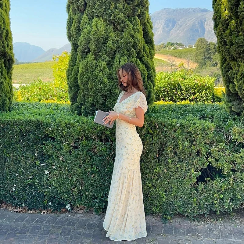 Vintage Print High Neck Midi Dress Belted Waist Bell Sleeve Flared Hem 2026 Summer Spring Chic Women Elegant Wedding Guest Gown