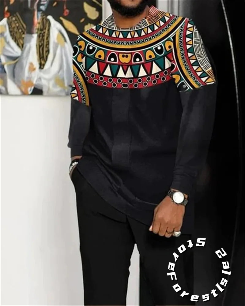 African Clothing Set for Men Tracskuit Set Casual Walking Suit Ovrersize Streetwear Long Sleeve T-Shirt Trousers Outfit 2-piece