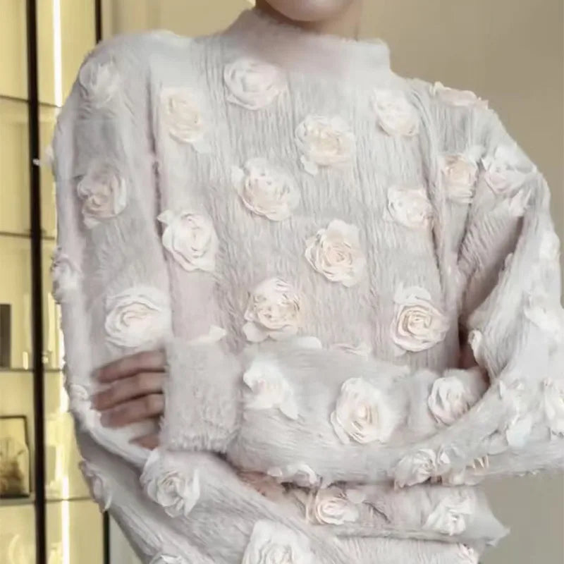 Knitting 3D Flower Tops Long Skirts Sets Women Elegant Lantern Sleeve Top Suit With Hip Package Skirt Lady 2025 Spring Outfits