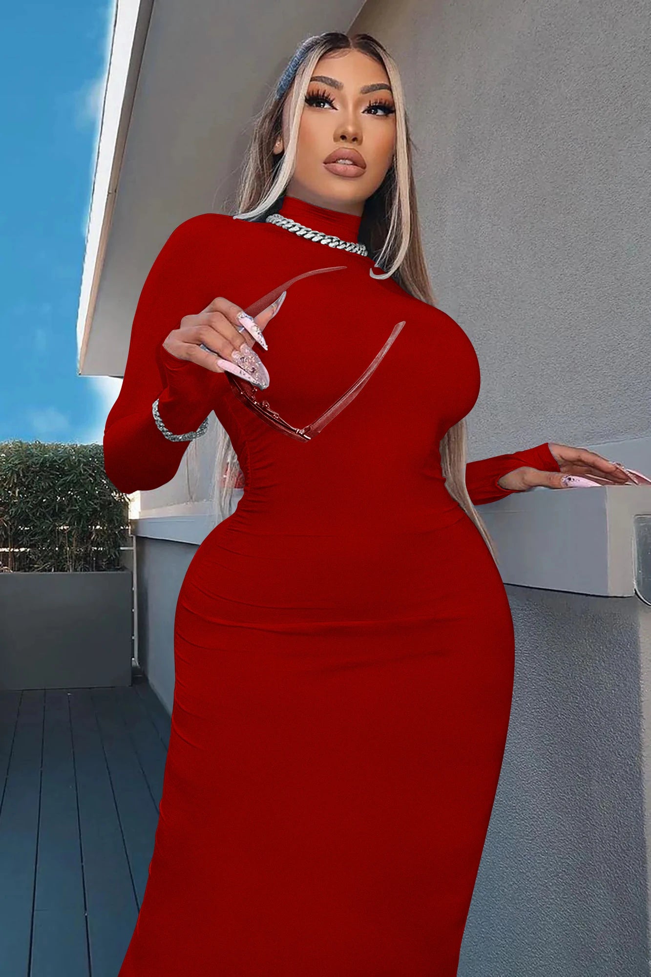 New Winter Longuette Long-Sleeved Elastic Force Slim High Collar Slim Long Dress