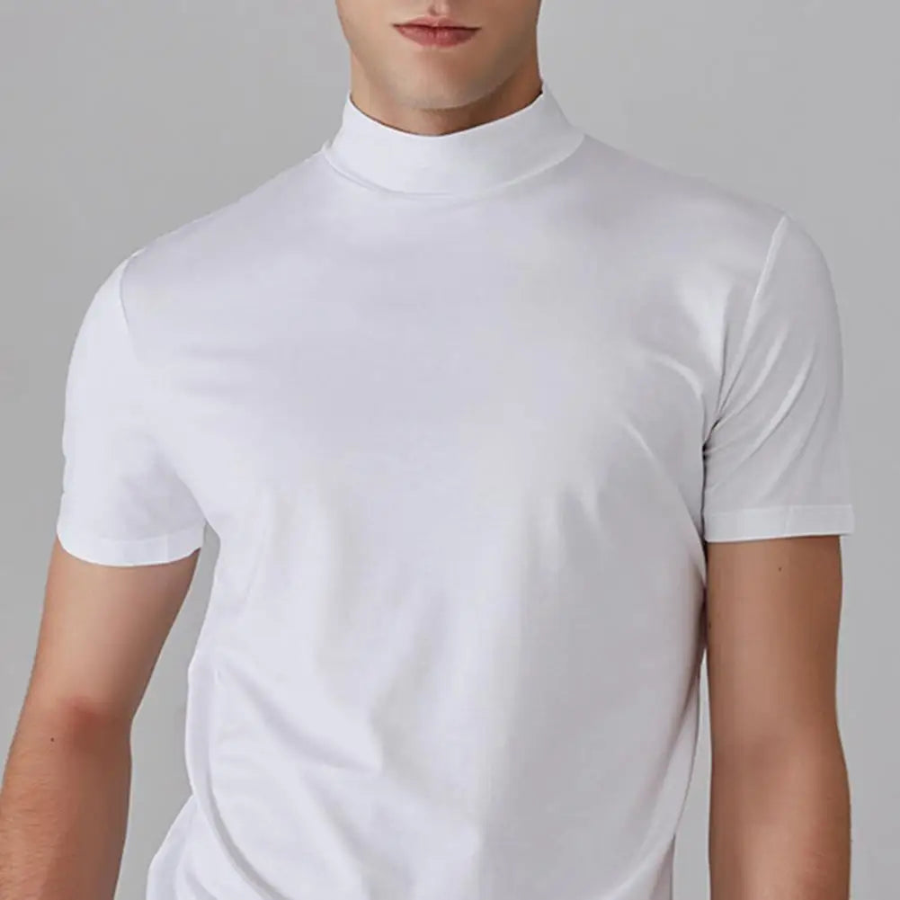 Summer Casual Short Sleeve T-shirt For Men Half High Collar Slim Fit T-shirt Solid Color Elastic Thin Pullover Tee Shirt