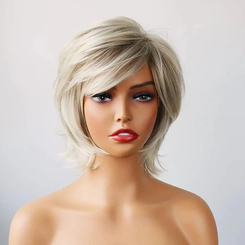 HAIRJOY Synthetic Hair Short Curly Brown Mixed Blonde Highlight Wigs with Bangs for White Women