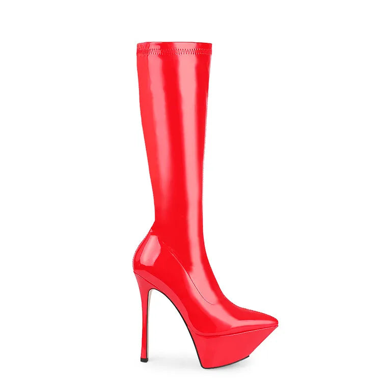 New Women Knee High Boots Patent Leather Pointed 15cm High Heels Winter Short Plush Waterproof Platform Girl Boots Large 34-45