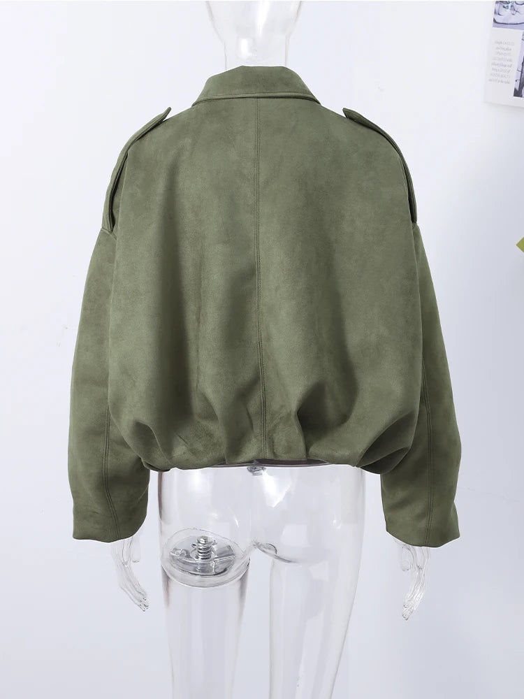 Fashion Suede Green Jackets Coat Women Lapel Full Sleeve Zipper Bomber Coats 2026 Spring New Loose Lady Street Solid Outwears