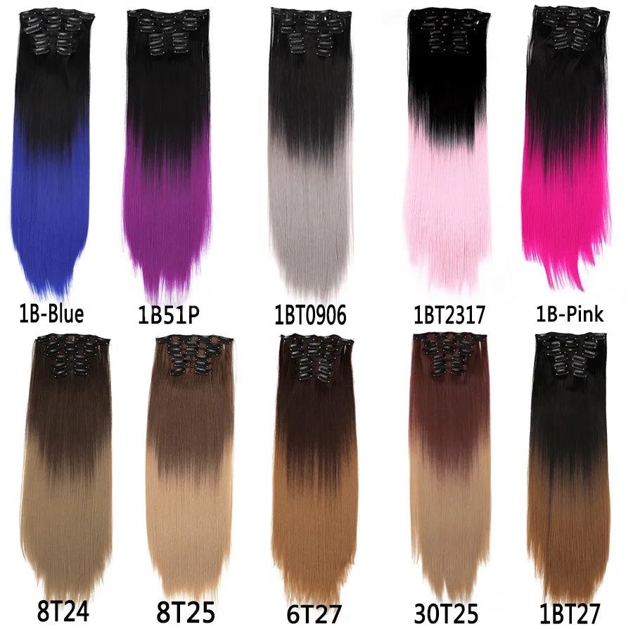 22 Inches Synthetic Long Straight Hairstyle 16 Clips 6Pcs/Set Hair Extensions Blonde Black Hairpieces Heat Resistant For Women