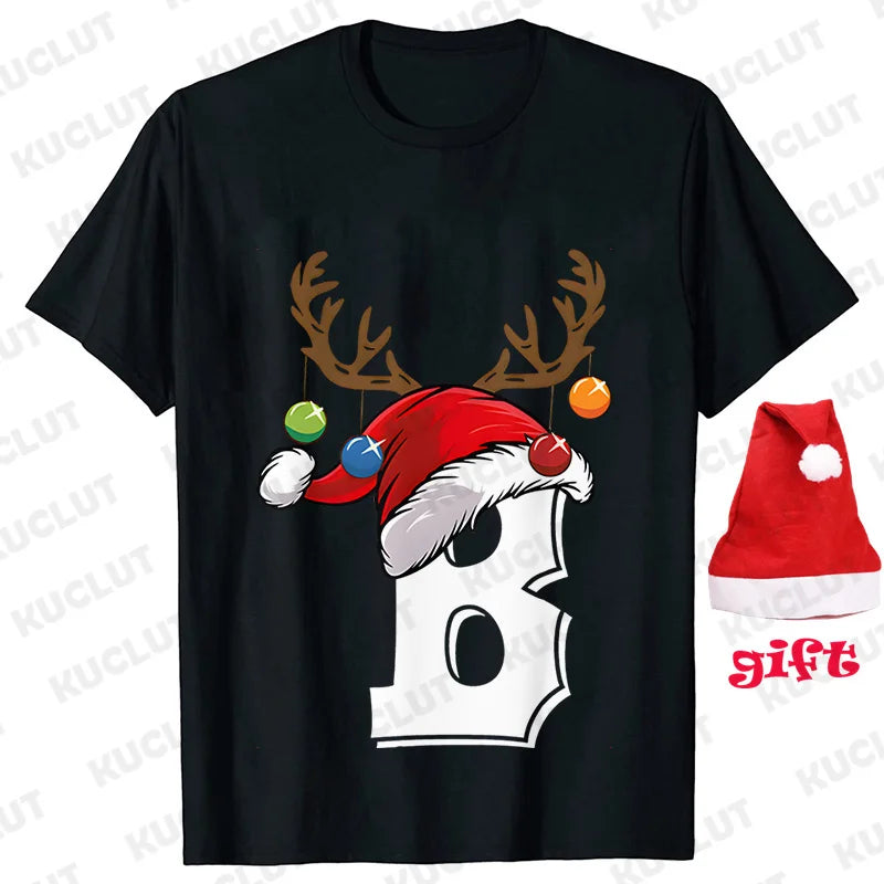 Funny Christmas Party Tshirt Fashion Women T Shirt Tops Short Sleeves T-shirt 26 A~Z Alphabet Casual Tees with Santa Hat Gift