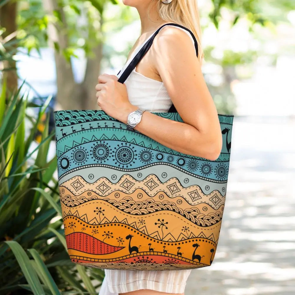 African Ankara Prints Grocery Shopping Tote Bags Women Geometric Ethnic Art Canvas Shoulder Shopper Bags Big Capacity Handbag
