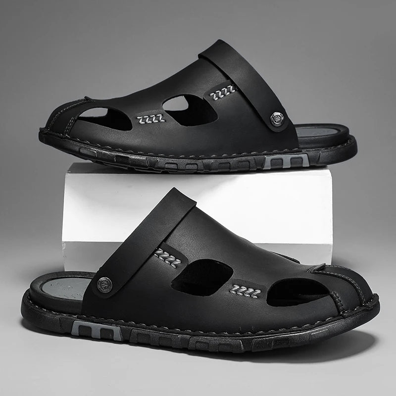 New Men's Leather Sandals Summer Slippers Beach Sandals Hollow Fashion Comfortable Outdoor Leisure Sports Sandals Large Shoes