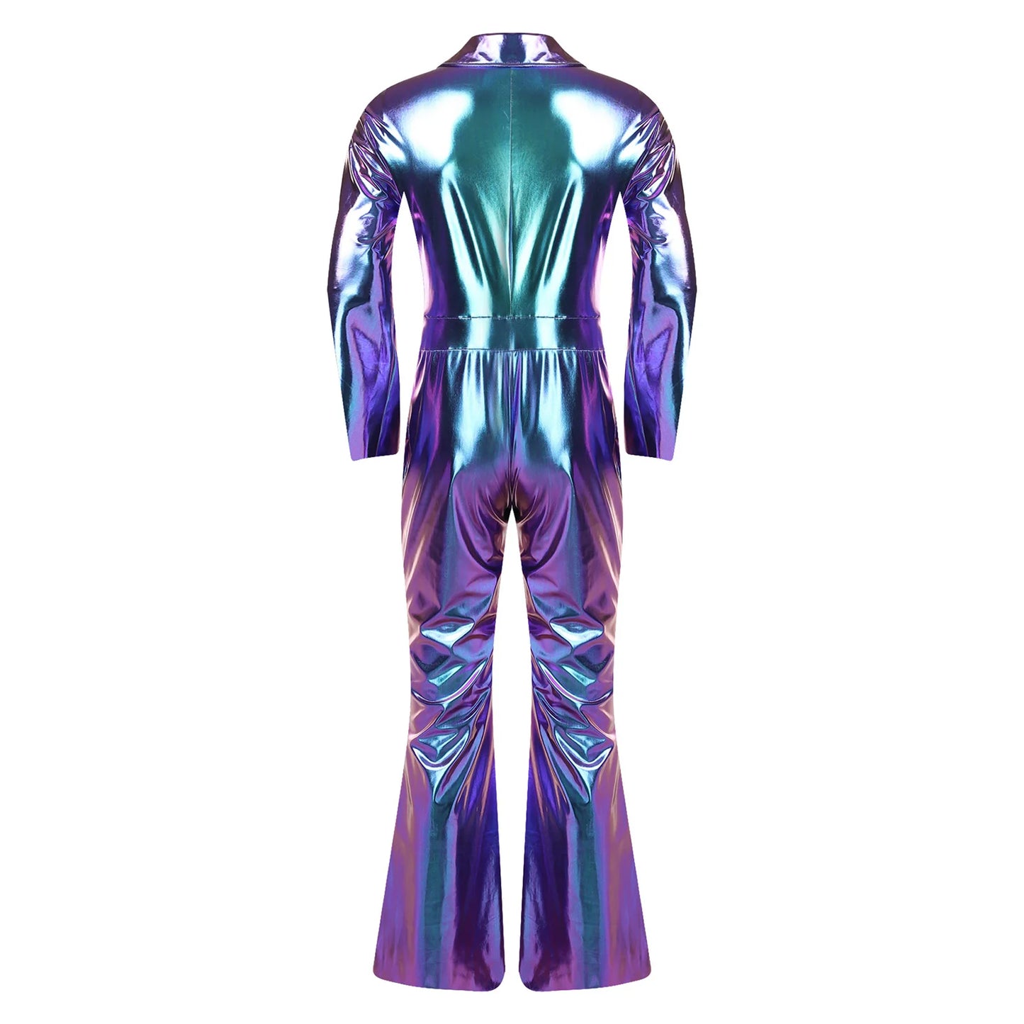 Mens 70s Disco Hippies Jazz Dance Performance Costume Metallic Shiny Unitards Jumpsuit Wide Leg Pants Rompers Vintage Clubwear