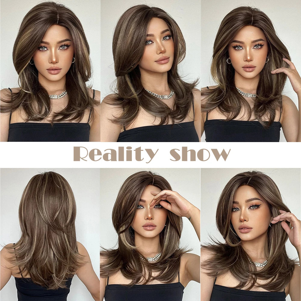ELEMENT Synthetic Wig Medium Wavy Hair Ombre Brown Blonde Wigs for Women Daily Party Cool Heat Resistant Breathable Headband