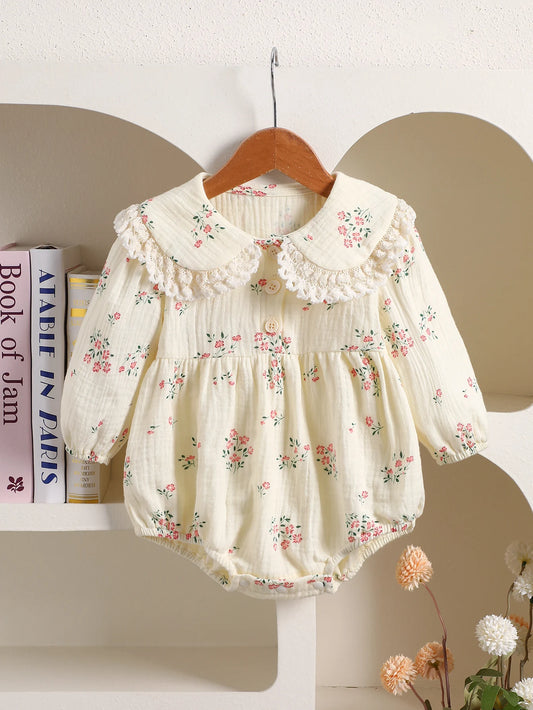 Baby Floral Embroidered Long-Sleeve Romper, Spring and Autumn Lace Collar Baby Jumpsuit, Vintage Forest Style Newborn Onesie
