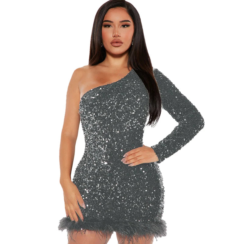 Sexy and Elegant Women's Party Dress Long Sleeved Diagonal Shoulder Off Shoulder Sparkling Edge Sequin Tight Women's Prom Dress
