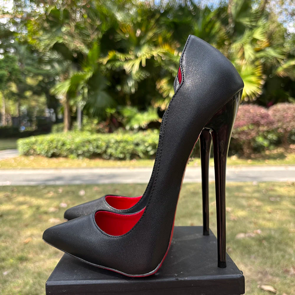 2026 Customize Side V Cut 16cm Ultra High Heels Matte Black Red inside Woman Pumps Curl Cut Slip on Pointed toe T-stage Shoes