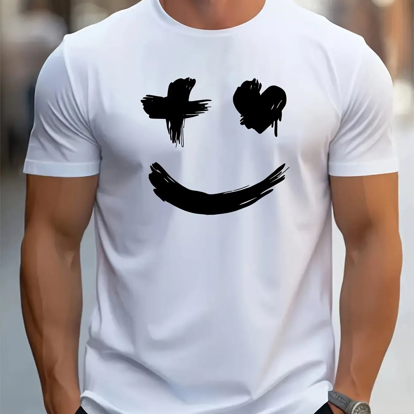 Men's summer 100% pure cotton fashionable casual sports loose trend smile graphic print round neck short sleeved T-shirt top