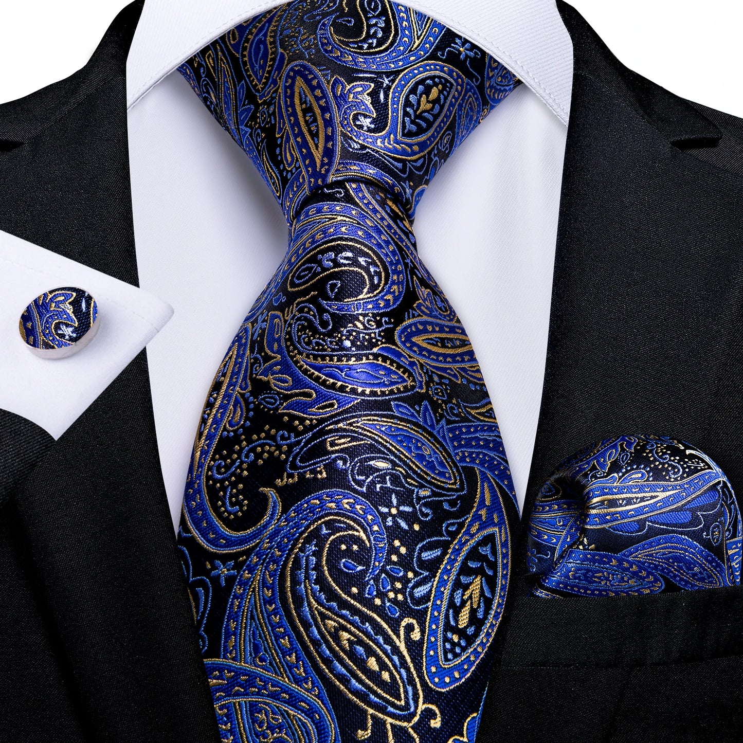 Royal Blue Paisley Plaid Striped Men tie Set with Handkerchief Cufflinks Wedding Prom Groom Accessories Perfect Gift for Men BAZAARHUBO