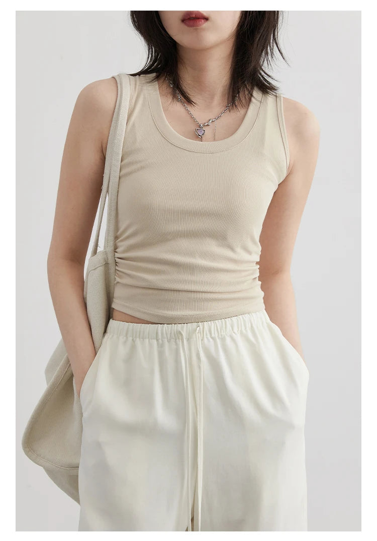 CHIC VEN Women Tanks New Solid Color Tees U-neck Pleated Vest Suspender Sleeveless Slim Female Top Spring Summer 2024