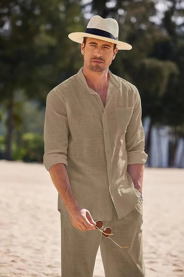 Mens Casual Linen Two Piece Sets 2024 Europe Style Vintage Basic Tops and Solid Pants Suit Male Beach Tracksuits Set