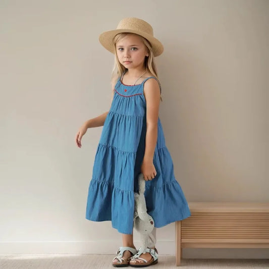 Fashion Children Girl Dress Summer Blue Sleeveless Casual Dress Beach Party Dress for Kids