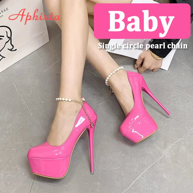 Aphixta Pearl Chain Party Disco Dance Pumps Women 5.5cm Platform Belt Pimp Buckle 16cm Super High Thin Heels Shoes Big Size 50