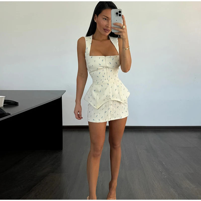 Women's White Floral Print Puff Sleeve Dress With Waistband Fashion Satin Ruffled Hem Maxi Dress Lady 2026 Elegant Party Robes