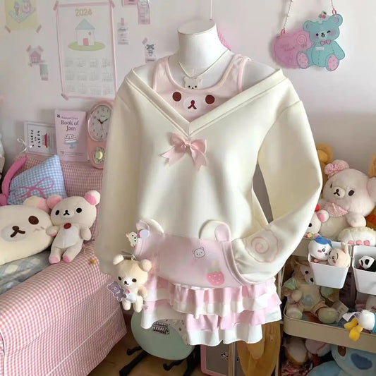 Japanese Kawaii Sweatshirts Women Autumn Sweet Bow Casual Off Shoulder Hoodies Design Elegant Lolita Tops Patchwork Coat