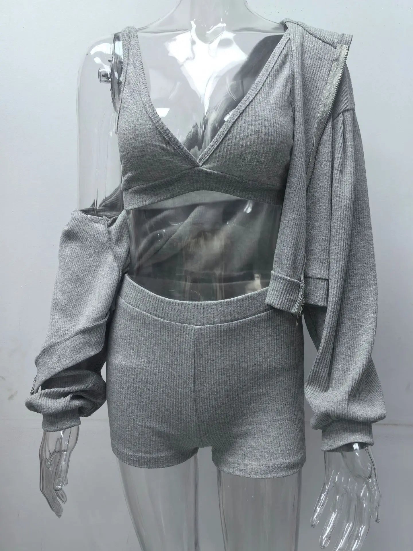Three Pieces Clothing Sets Ladies Sport Casual Zipper Hooded Jackets+Tank Tops+Elastic Waist Shorts Women Tracksuits