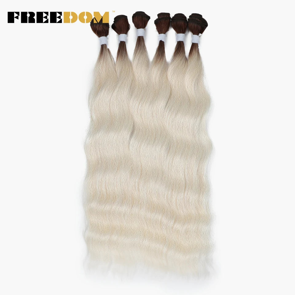FREEDOM Synthetic Water Wave Hair Bundles 20 inch Synthetic Hair Extensions Ombre Blonde Brown Hair Weave Bundles 6Pcs/Pack
