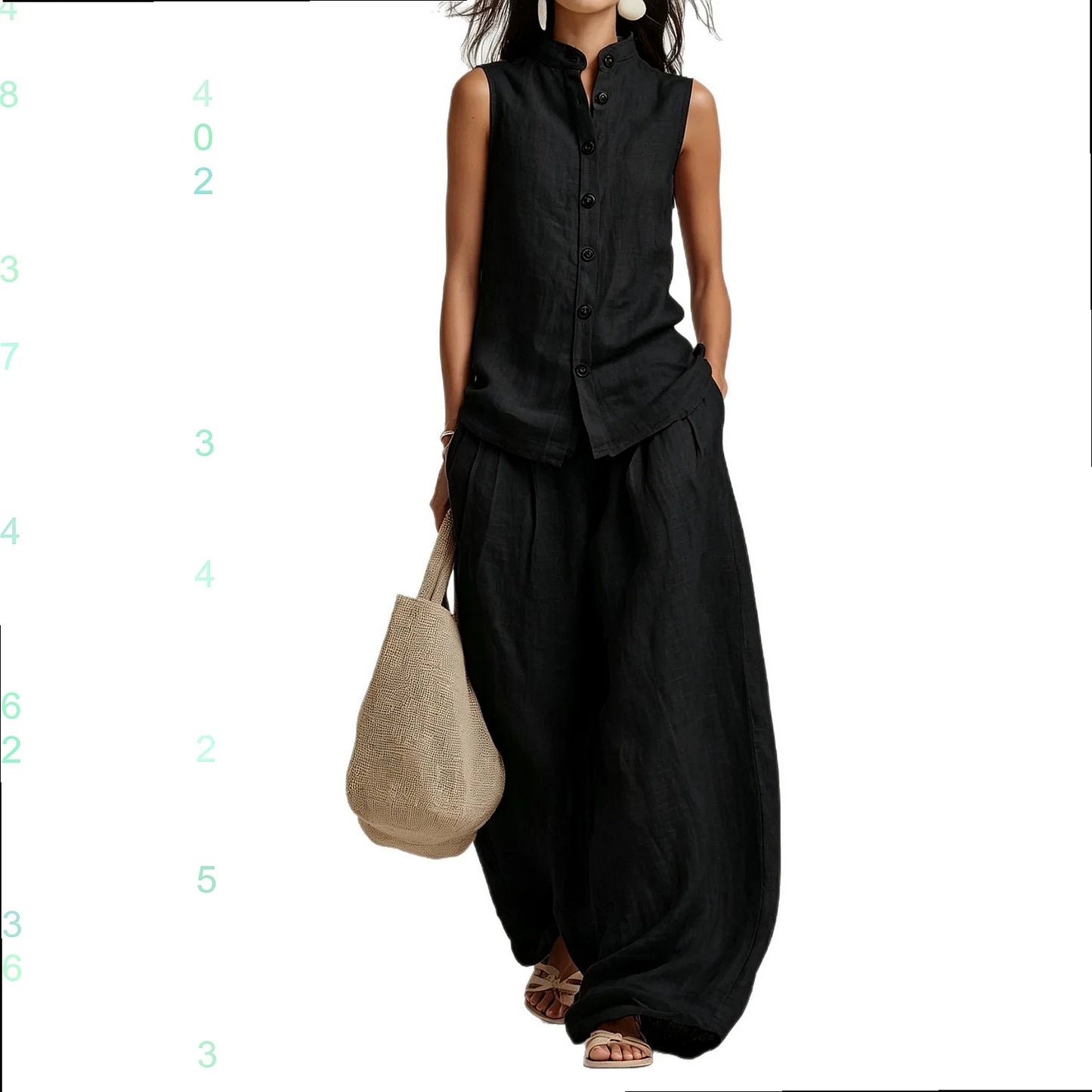 Women's Cotton Linen Vest Top and Long Pants Matching Set Casual Jumpsuit Playsuit