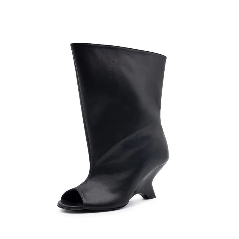 2025 European AndAmerican Nichedesign Versatileopen Toe Long Tube Cool Boots for Women, Crocodile Patterned Irregular High Heels
