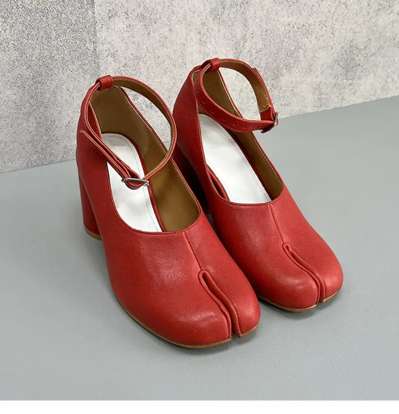 Vintage Spring Fashion Slipt Toe Tabi Women Pumps Chunky Round Heeled Ankle Strap High Heels Patent Leather Party Shoes