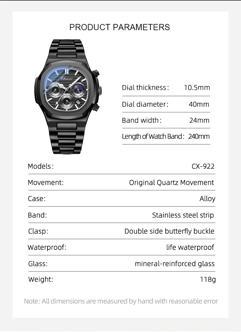 CHENXI Fashion Luxury Men's Watches Stainless Steel Quartz Movement Waterproof Calendar Moon Phase Chronograph Watch for Men