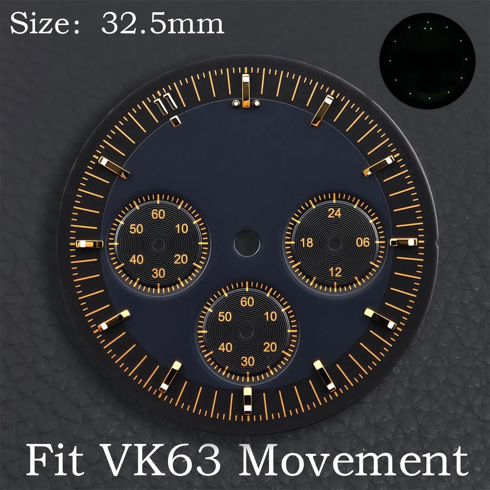 32.5MM Dial Fit VK63 Movement Green Luminous Dial Hands Men's Watches Part VK63 Watch Accessories Maintenance Tools