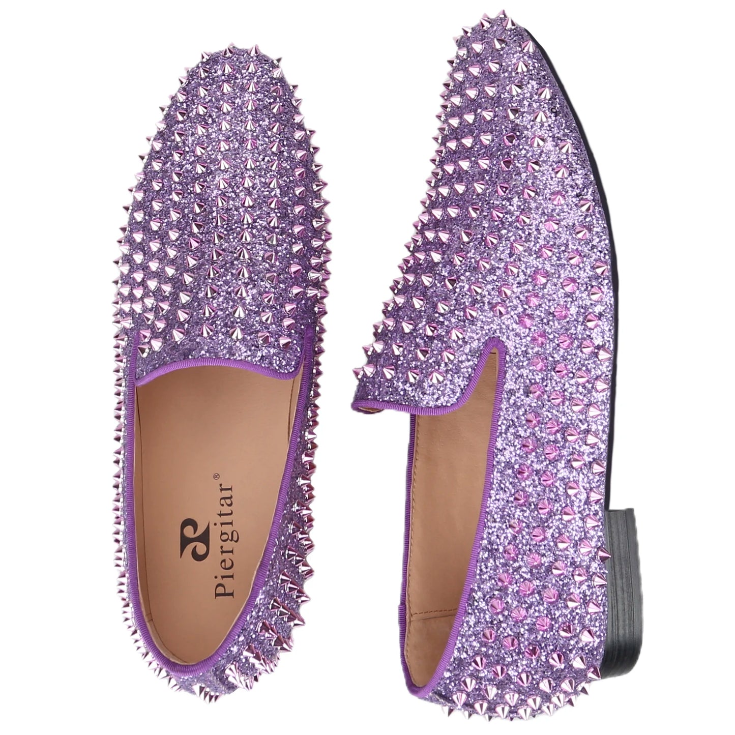 Piergitar Handmade Purple Spikes Men's Loafers For Party and Banquet Wear CL Same Classic Model Red Outsole Slip-On Flats