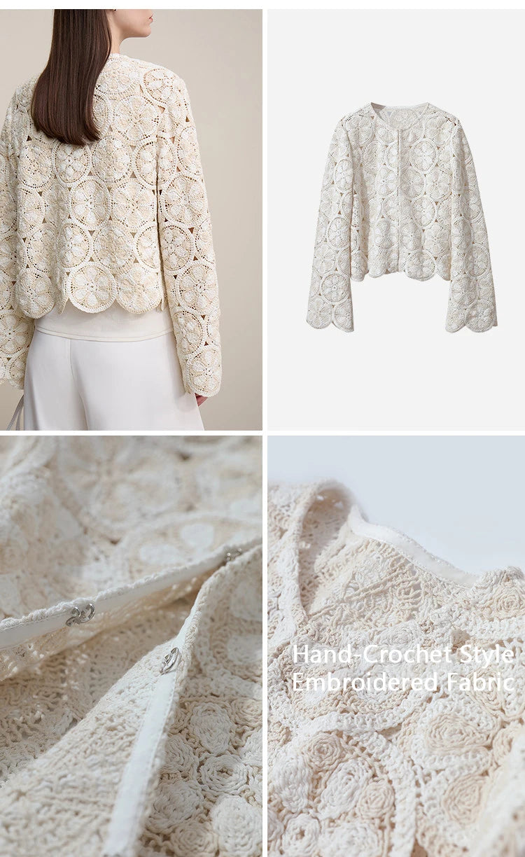 Amii Women Jackets 2026 Spring New Elegant Round Neck Hollow Crochet Jacket Women's Loose Short Cotton Long Sleeve Tops 12621069