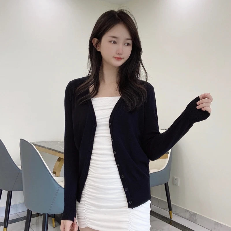 Korean Fashion Black Cropped Blouses Cardigan Female Clothing Sweaters Jersey Long Sleeve Top Women's Coat Spring 2025 Style
