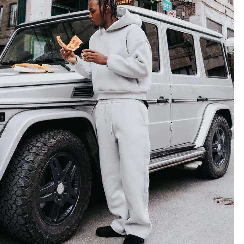 Men's Casual Solid Hooded Pullover Straight Pants 2 Piece Set Tracksuit For Fashion Loose Hoodies Sweatshirt Wide Leg Sweatpants