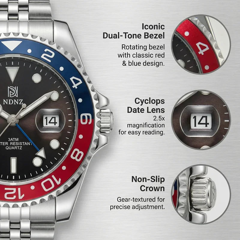 Men's GMT Style Quartz Watch, 3ATM Waterproof Stainless Steel Band, Black Blue Bezel Luminous Wristwatch with Date Display